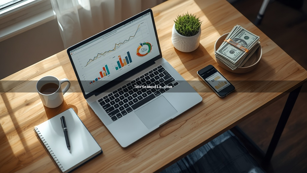 Notebook aberto exibindo gráficos de marketing digital ao lado de smartphone, dinheiro e caderno sobre mesa de madeira iluminada por luz natural