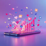 Smartphone exibindo notificações de redes sociais explodindo com curtidas, corações e gráficos de crescimento viral