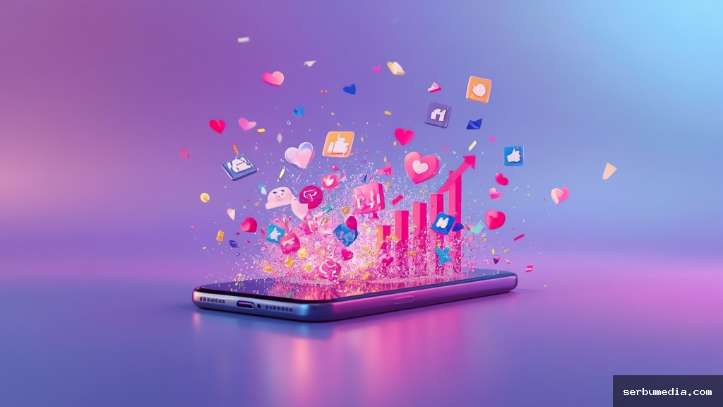 Smartphone exibindo notificações de redes sociais explodindo com curtidas, corações e gráficos de crescimento viral