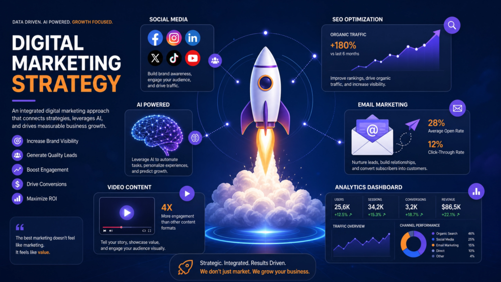 Ilustração de uma estratégia de marketing digital com uma espaçonave decolando, símbolos de redes sociais e dados analíticos.