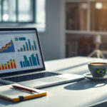Mesa de trabalho moderna com notebook exibindo gráficos de crescimento de nichos lucrativos para PLR no Brasil