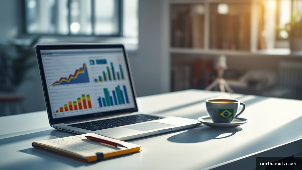Mesa de trabalho moderna com notebook exibindo gráficos de crescimento de nichos lucrativos para PLR no Brasil