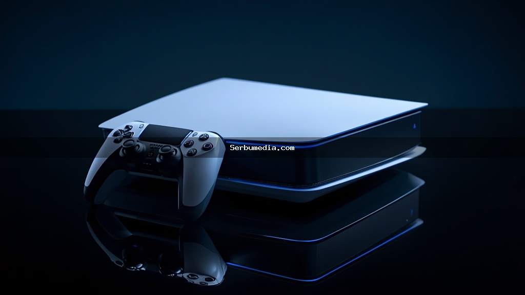 Console PlayStation 5 branco ao lado do controle DualSense sobre superfície escura reflexiva com iluminação azul cinematográfica