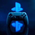 Controle DualSense do PlayStation 5 sobre superfície escura com logo da PlayStation iluminado ao fundo
