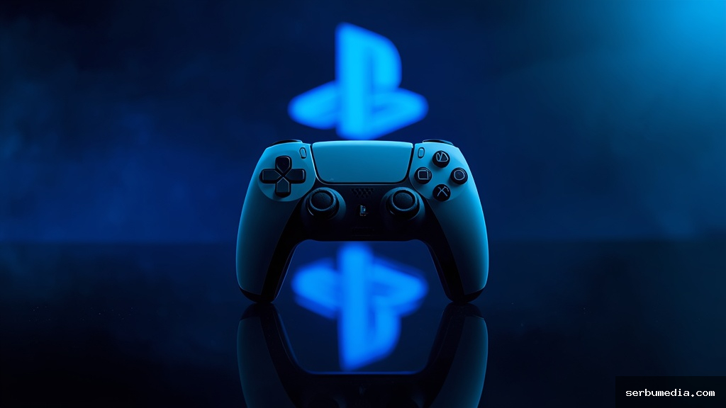 Controle DualSense do PlayStation 5 sobre superfície escura com logo da PlayStation iluminado ao fundo