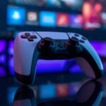 Controle DualSense do PlayStation 5 sobre superfície escura com tela ao fundo exibindo o menu do PlayStation Plus Essential