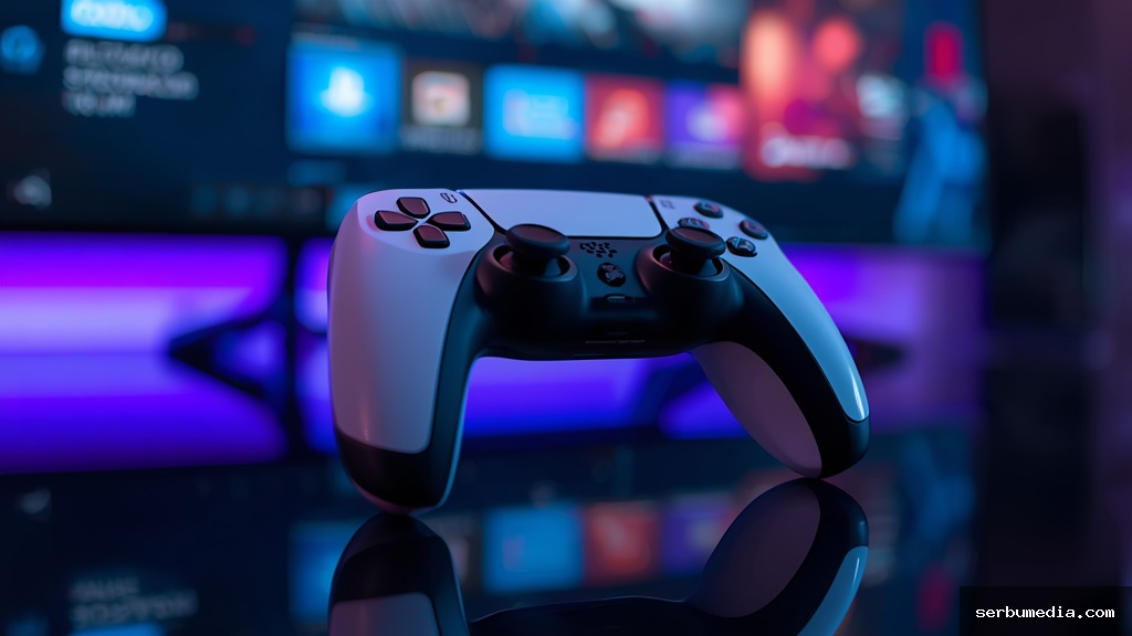 Controle DualSense do PlayStation 5 sobre superfície escura com tela ao fundo exibindo o menu do PlayStation Plus Essential