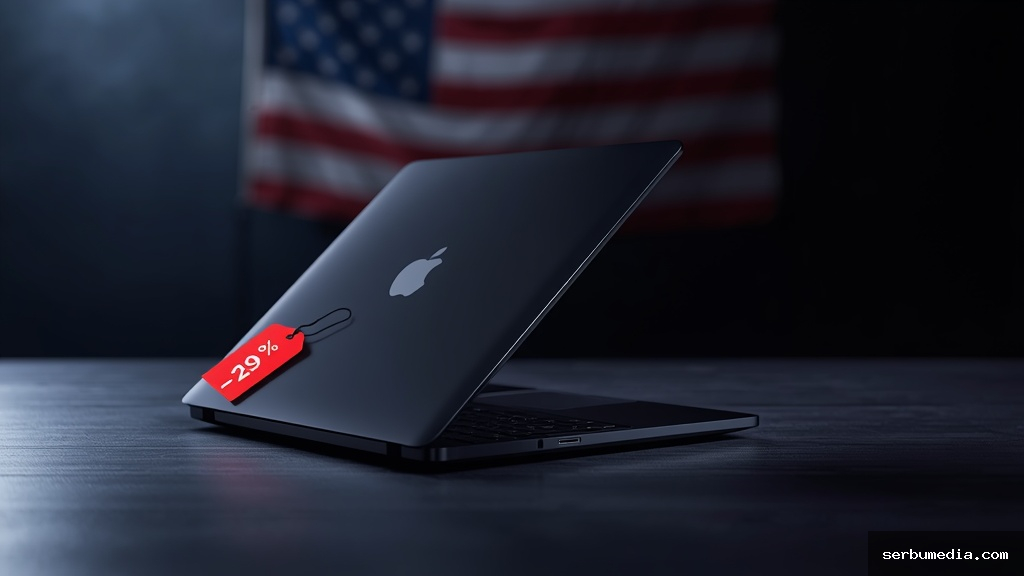 Portátil prateado moderno aberto sobre mesa escura com etiqueta de desconto vermelha e bandeira americana desfocada ao fundo