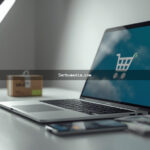 Notebook exibindo confirmação de venda online ao lado de caixa de entrega e smartphone com notificação de pagamento aprovado
