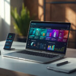 Mesa moderna com laptop exibindo painel de produtos digitais e análises de vendas em 2026