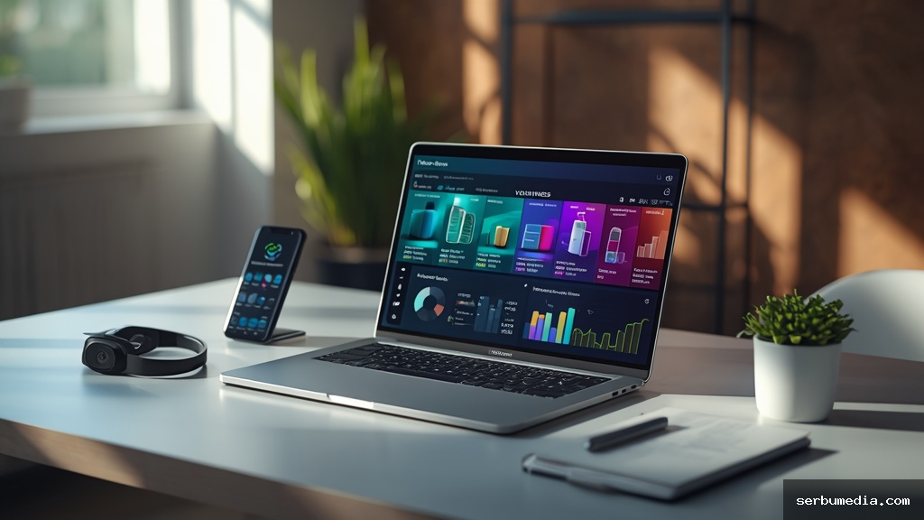 Mesa moderna com laptop exibindo painel de produtos digitais e análises de vendas em 2026
