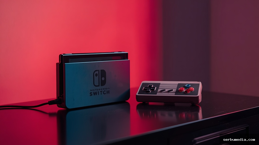 Console de videogame moderno sobre mesa de madeira escura ao lado de controle clássico em iluminação cinematográfica de estúdio