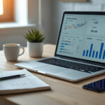 Mesa de home office moderna com notebook exibindo gráficos de ganhos online, celular com notificações de pagamento e caderno de anotações, ilustrando como fazer renda extra pela internet