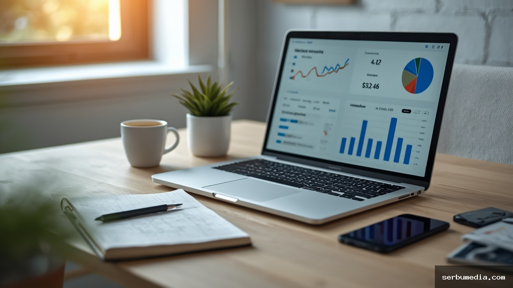 Mesa de home office moderna com notebook exibindo gráficos de ganhos online, celular com notificações de pagamento e caderno de anotações, ilustrando como fazer renda extra pela internet