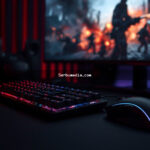 Setup gamer profissional com teclado mecânico RGB, mouse gamer iluminado e monitor curvo exibindo cena de ação intensa do jogo AllStars