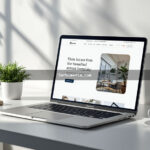 Notebook moderno exibindo um site profissional com design bonito e minimalista em mesa branca de escritório