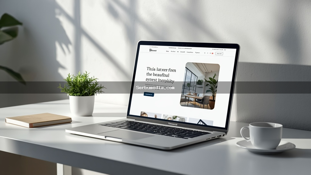 Notebook moderno exibindo um site profissional com design bonito e minimalista em mesa branca de escritório