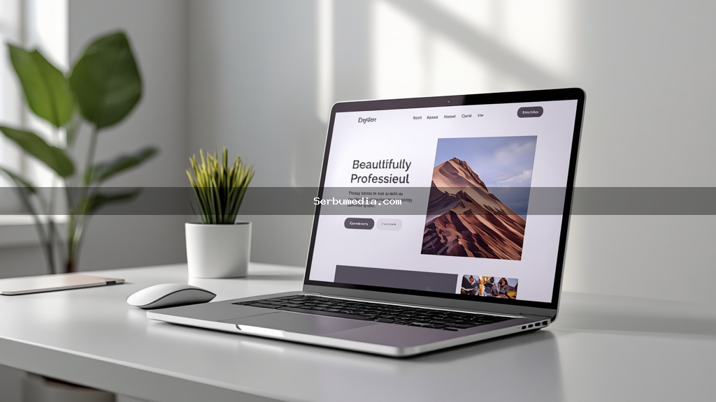 Notebook moderno sobre mesa branca exibindo um site profissional com design limpo e tipografia elegante