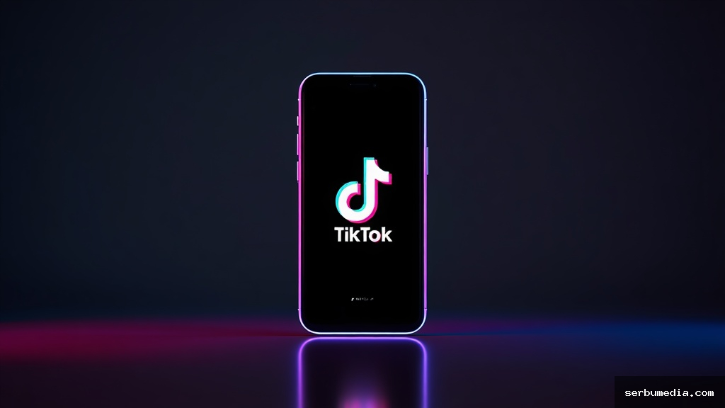 Smartphone moderno na vertical mostrando a interface do aplicativo TikTok com iluminação de estúdio em tons de rosa e azul