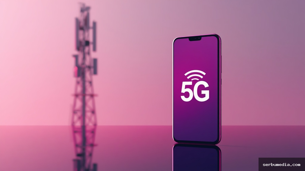Smartphone moderno exibindo ícone 5G na tela com torre de celular ao fundo representando a rede T-Mobile