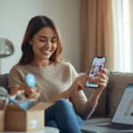 Mulher jovem sorrindo enquanto faz compras pelo celular em uma transmissão ao vivo nas redes sociais, ilustrando o comércio social em 2026