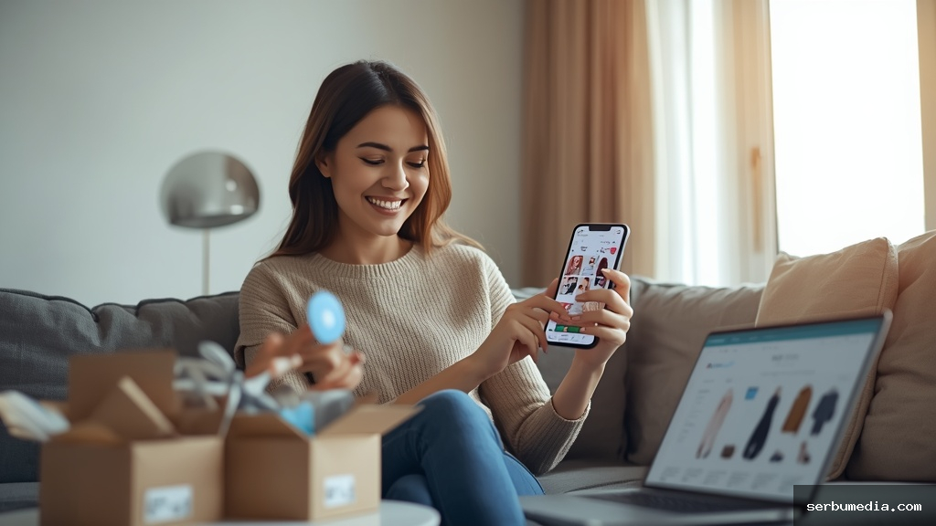 Mulher jovem sorrindo enquanto faz compras pelo celular em uma transmissão ao vivo nas redes sociais, ilustrando o comércio social em 2026