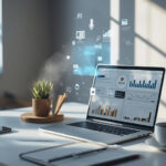 Mesa de trabalho moderna com laptop exibindo gráficos de marketing digital e ícones holográficos representando tendências de conteúdo para 2026