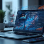 Mesa de trabalho moderna com laptop exibindo dashboards de marketing digital e gráficos holográficos representando tendências de 2026
