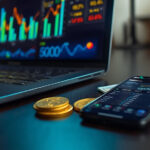Notebook exibindo dashboard de tráfego pago com gráficos de conversões e ROI ao lado de smartphone e moedas sobre mesa de madeira