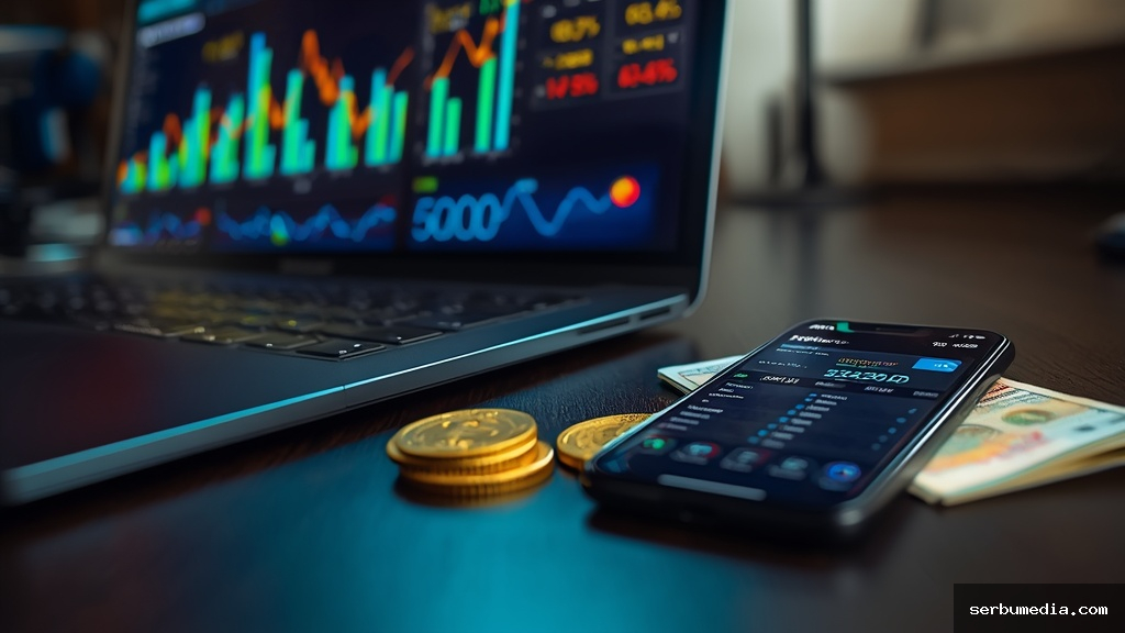 Notebook exibindo dashboard de tráfego pago com gráficos de conversões e ROI ao lado de smartphone e moedas sobre mesa de madeira