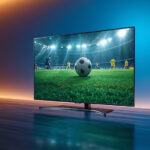 TV Samsung de 65 polegadas exibindo partida de futebol da Copa do Mundo em sala de estar moderna