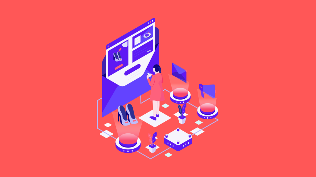 Uma ilustração colorida de uma pessoa interagindo com uma tela de computador, mostrando produtos, com elementos de marketing digital ao redor.
