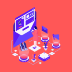 Uma ilustração colorida de uma pessoa interagindo com uma tela de computador, mostrando produtos, com elementos de marketing digital ao redor.
