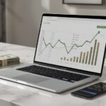 Notebook moderno exibindo gráficos crescentes de vendas ao lado de dinheiro e cartão dourado representando ganhos com marketing de afiliados em 2026