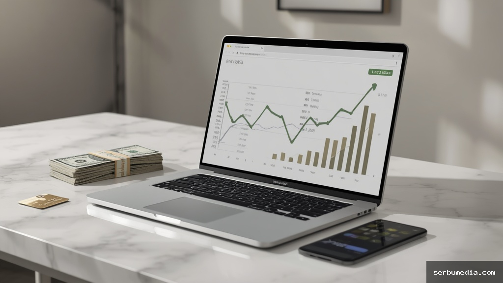 Notebook moderno exibindo gráficos crescentes de vendas ao lado de dinheiro e cartão dourado representando ganhos com marketing de afiliados em 2026