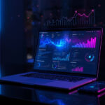 Laptop moderno exibindo dashboard de vendas com inteligência artificial e gráficos holográficos em ambiente futurista