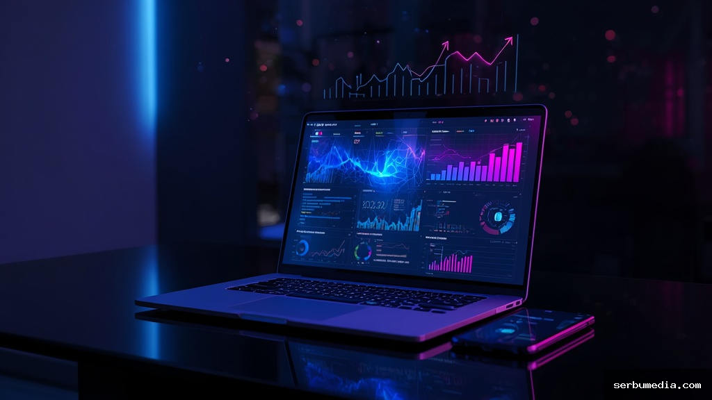 Laptop moderno exibindo dashboard de vendas com inteligência artificial e gráficos holográficos em ambiente futurista