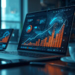 Mesa de trabalho moderna com laptop exibindo dashboard de vendas com inteligência artificial e gráficos holográficos de crescimento