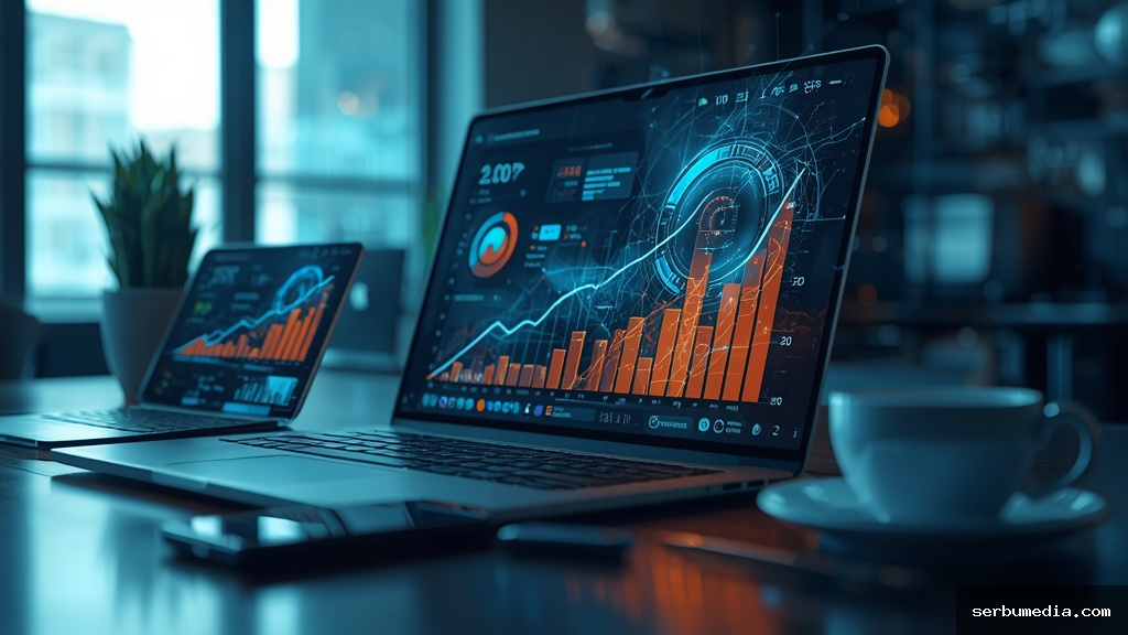 Mesa de trabalho moderna com laptop exibindo dashboard de vendas com inteligência artificial e gráficos holográficos de crescimento