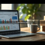 Notebook aberto com gráfico de vendas crescente sobre mesa de home office com celular, café e caixas de envio prontas