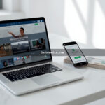 Notebook exibindo plataforma de curso online ao lado de celular com confirmação de pagamento via PIX em reais