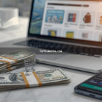 Notebook exibindo loja virtual ao lado de cédulas de dinheiro, cartão de crédito e smartphone com notificações de vendas online