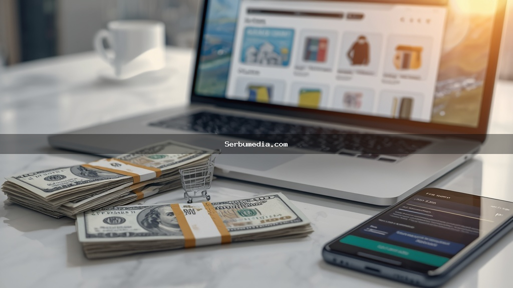 Notebook exibindo loja virtual ao lado de cédulas de dinheiro, cartão de crédito e smartphone com notificações de vendas online