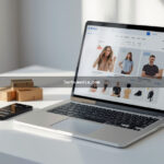 Laptop aberto mostrando loja virtual com smartphone exibindo notificações de vendas e caixas de envio sobre mesa branca