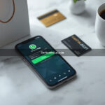 Smartphone exibindo a tela do WhatsApp Business com uma conversa de venda sobre uma mesa branca com cartão e sacola de compras