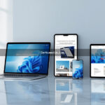 Notebook, tablet e smartphone lado a lado exibindo o mesmo site adaptado a cada tela em fotografia de estúdio profissional