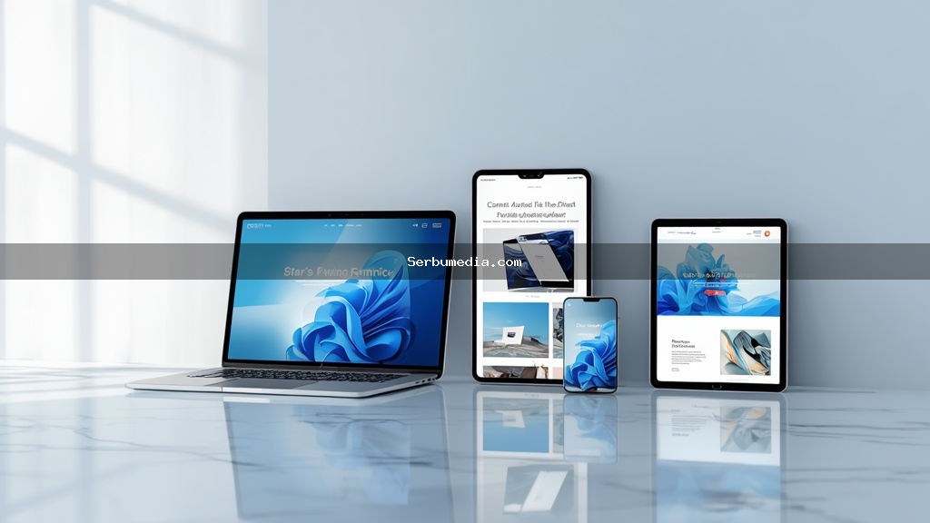 Notebook, tablet e smartphone lado a lado exibindo o mesmo site adaptado a cada tela em fotografia de estúdio profissional